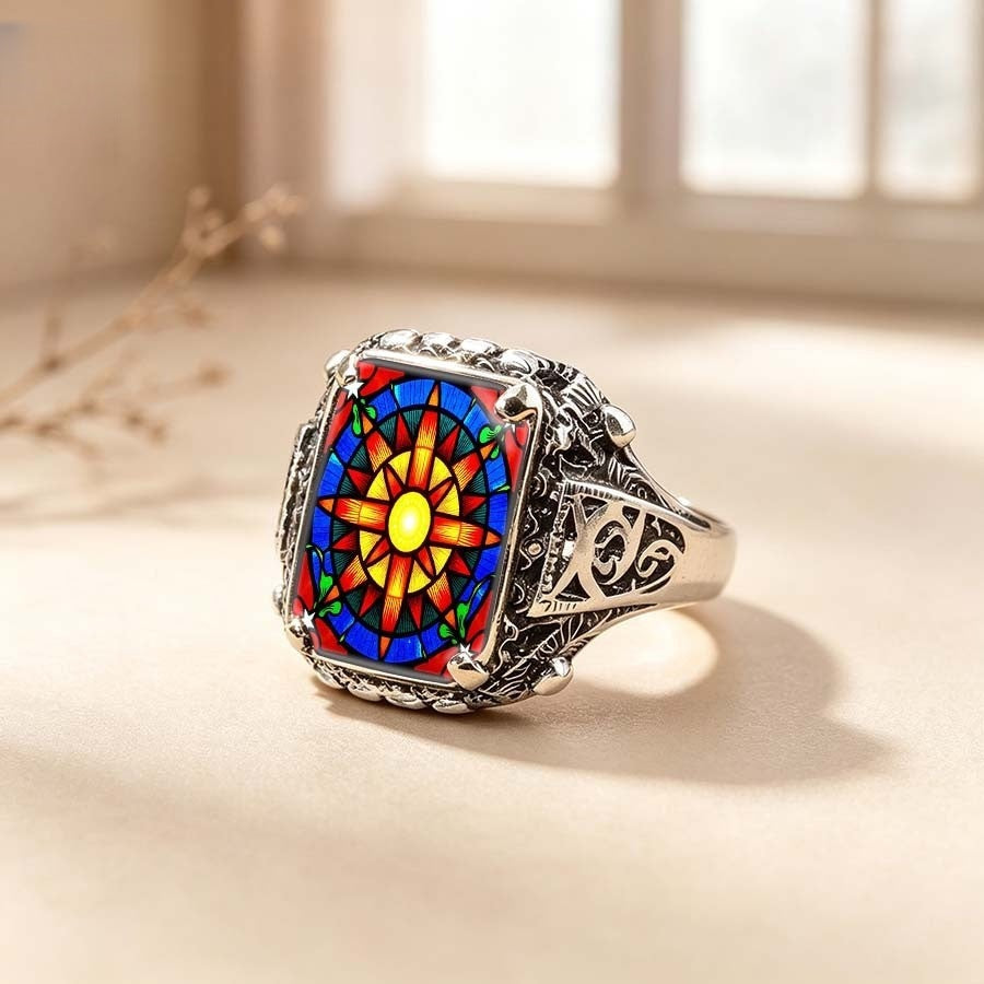Stained Glass Sunburst Square Ring