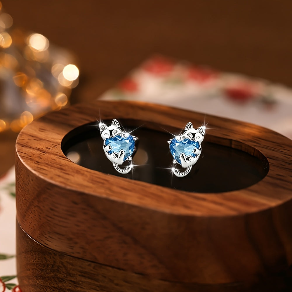 Blue Heart Cat Stud Earrings