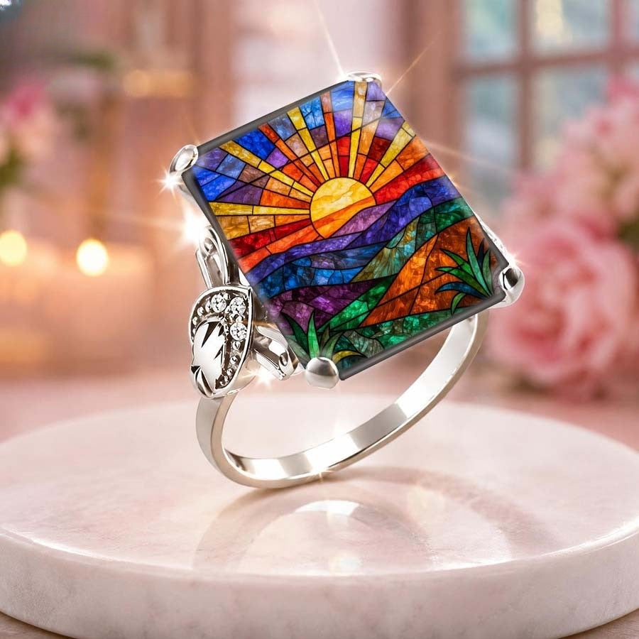 Stained Glass Sunrise Square Ring
