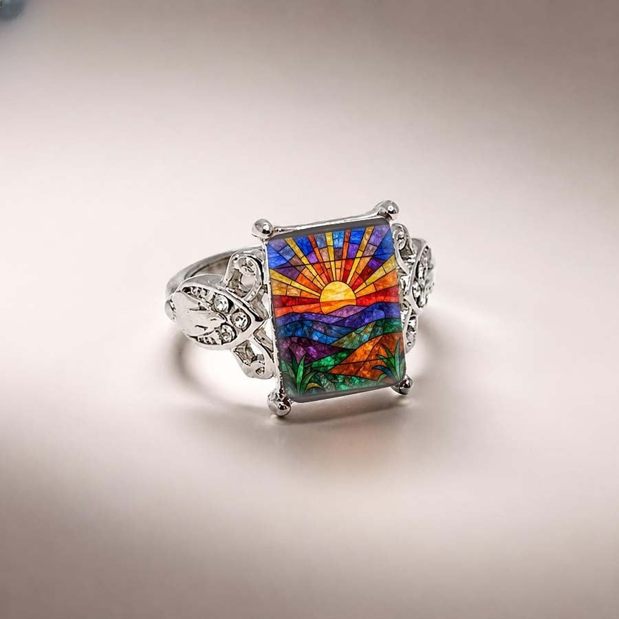 Stained Glass Sunrise Square Ring