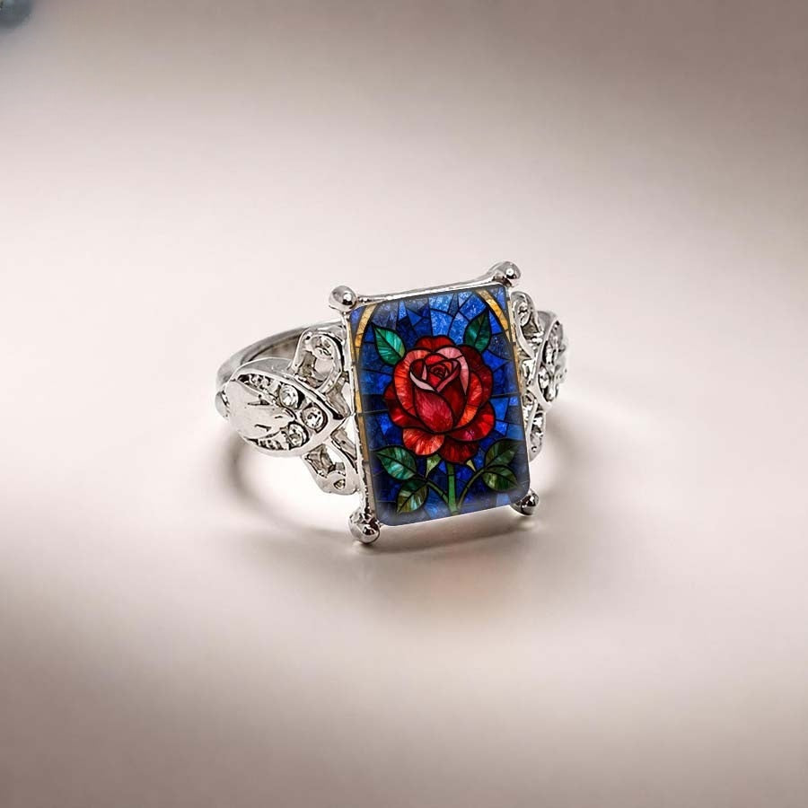 Stained Glass Rose Square Ring