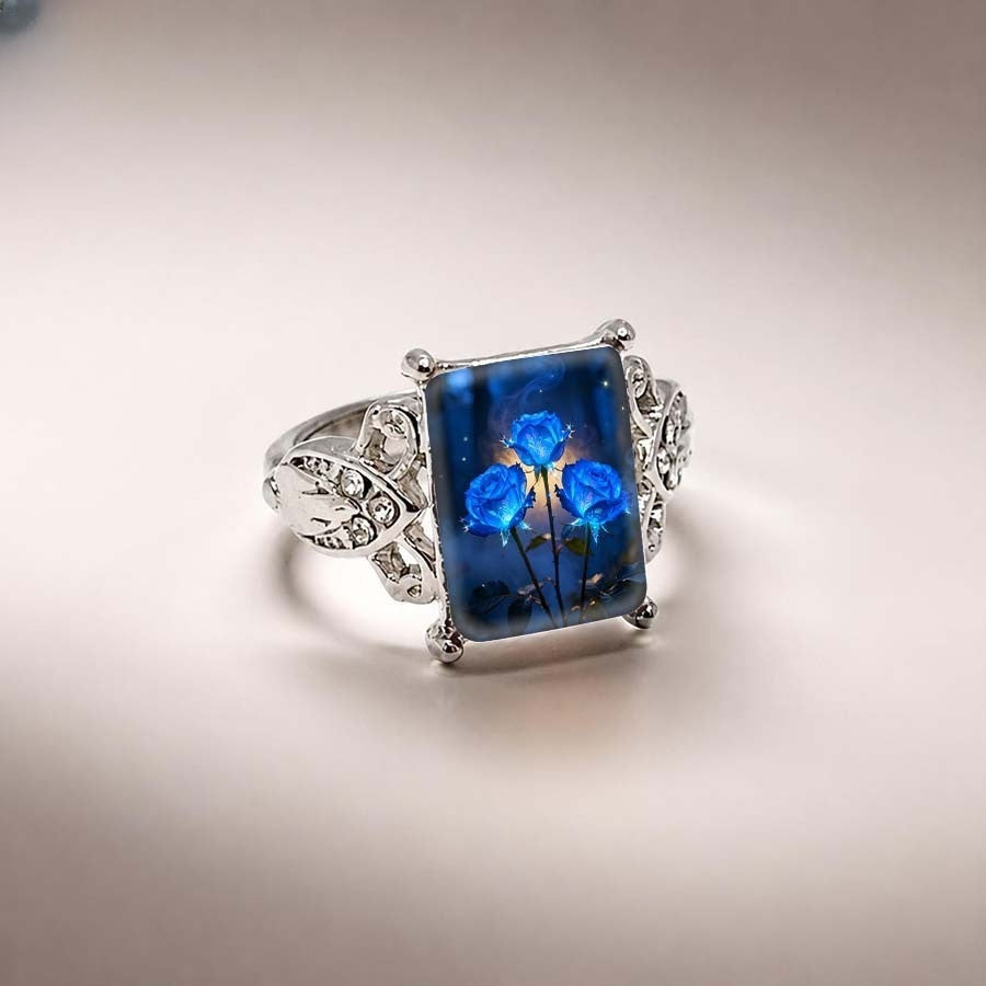 Blue Rose Glass Square Ring