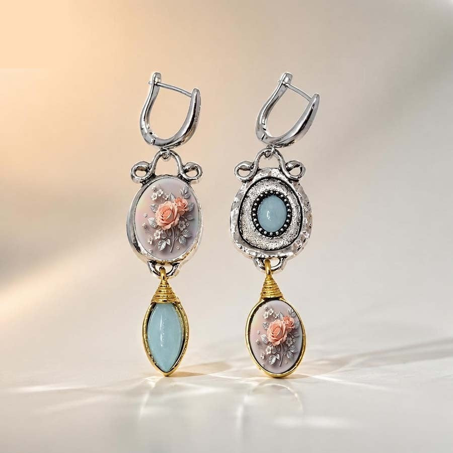 Vintage Rose & Seafoam Asymmetrical Drop Earrings