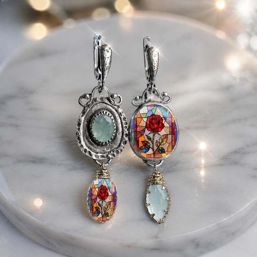 Rose Stained Glass Asymmetric Drop Earrings