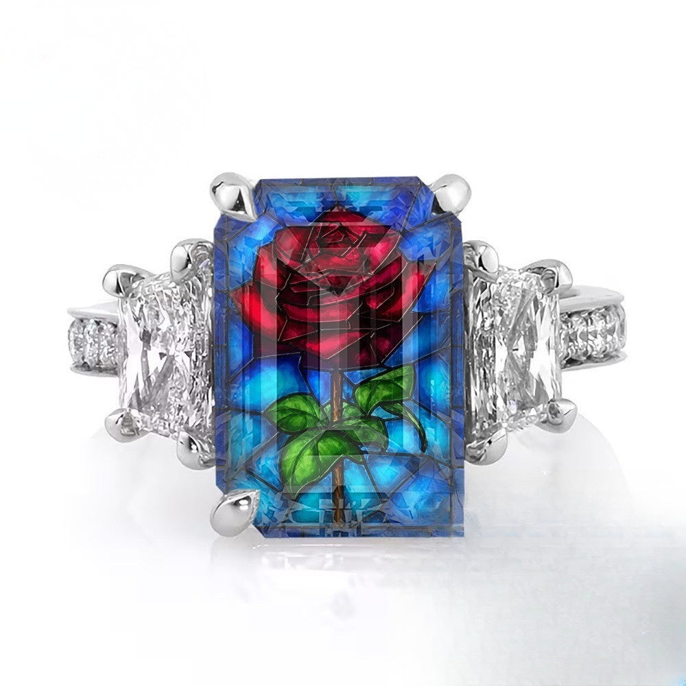 Red Rose Stained Glass Rectangle Ring