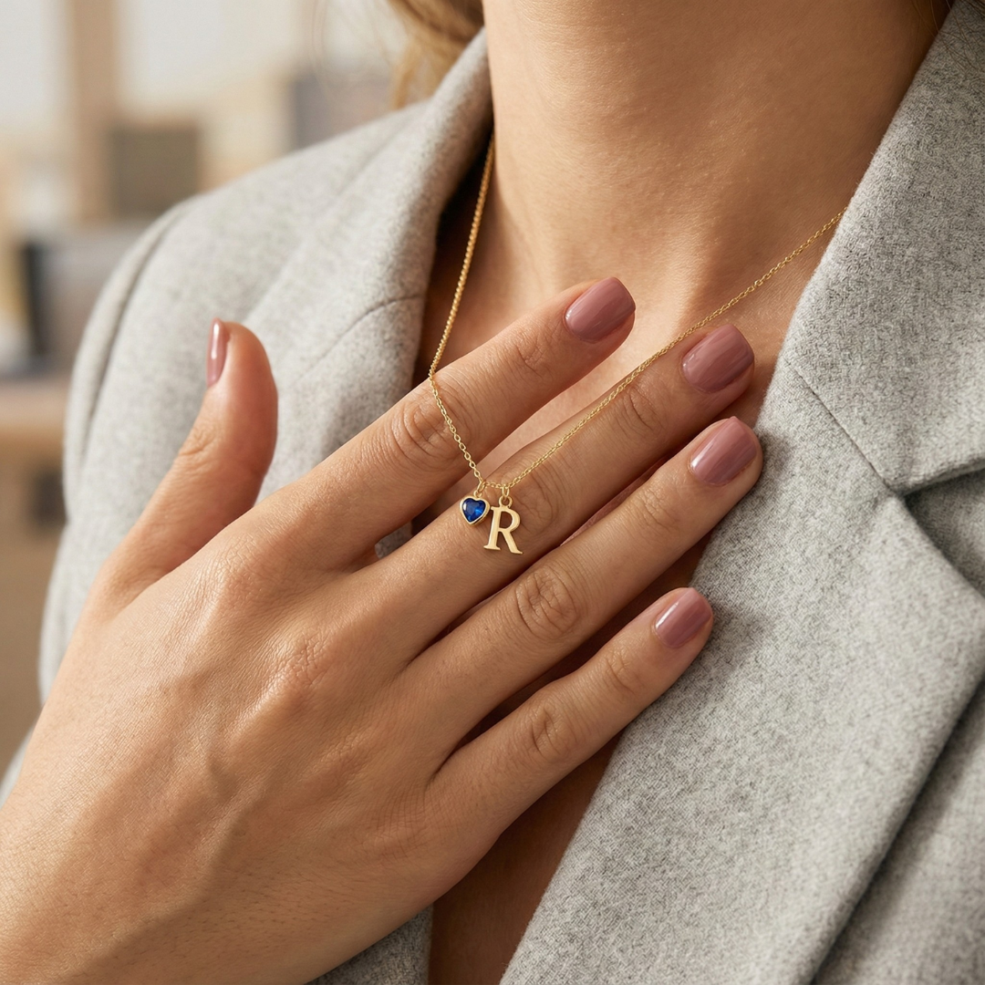 Dainty Initial Heart Birthstone Necklace