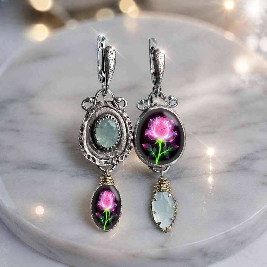 Asymmetrical Rose & Stone Drop Earrings