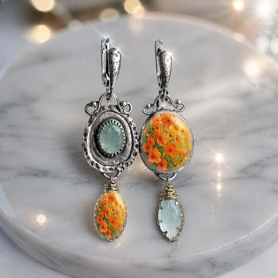 Asymmetrical Floral & Seafoam Drop Earrings