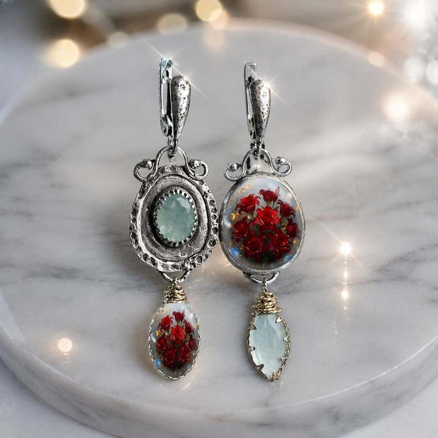 Floral & Stone Asymmetrical Earrings