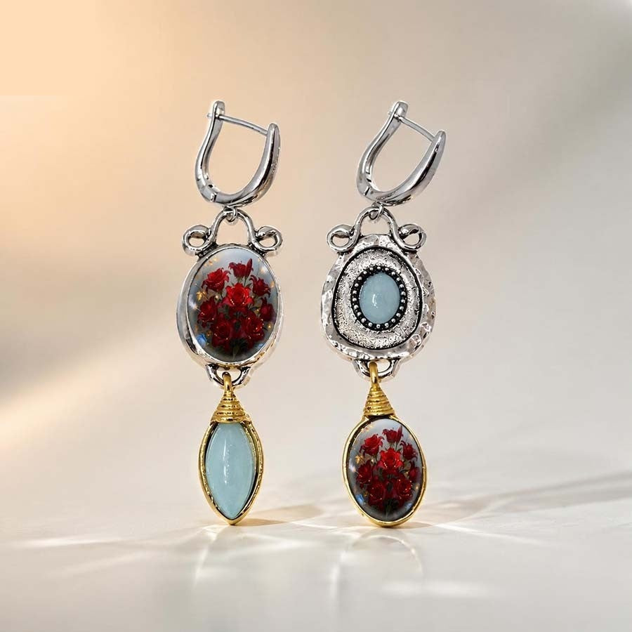 Floral & Stone Asymmetrical Earrings