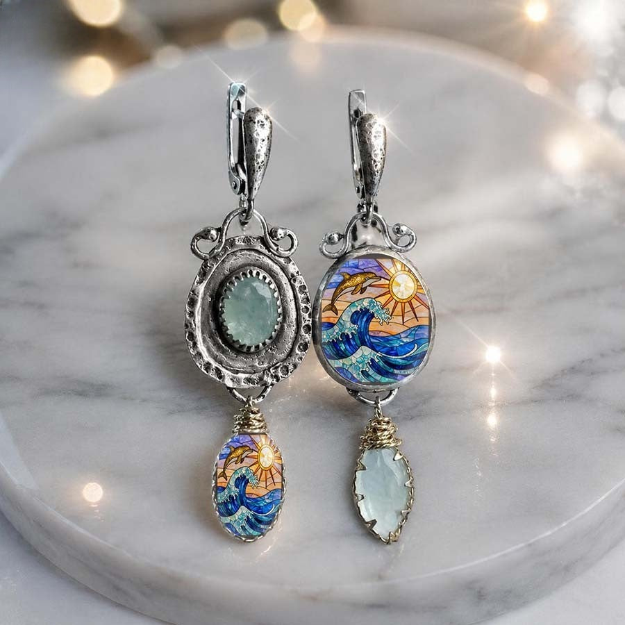 Ocean Wave & Dolphin Asymmetrical Earrings