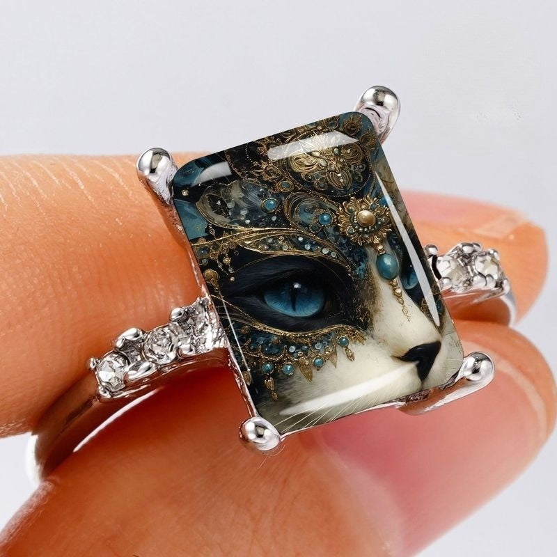 Ornate Blue Cat Eye Rectangular Ring