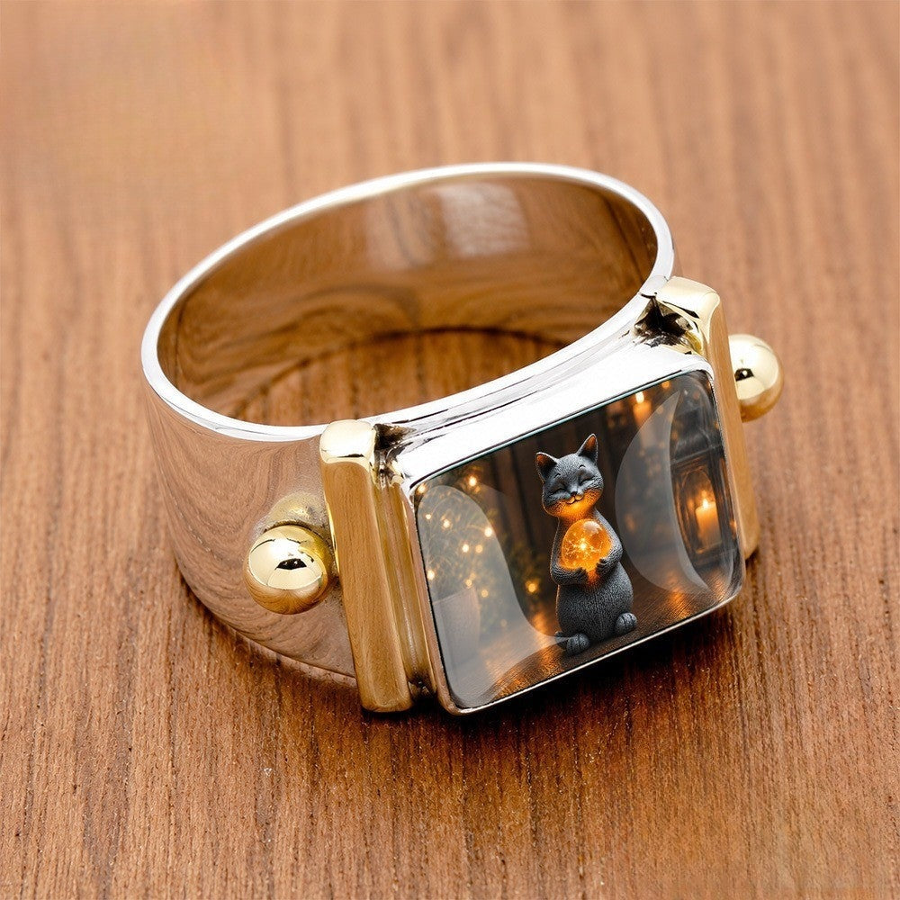 Cat Holding Orb Square Ring