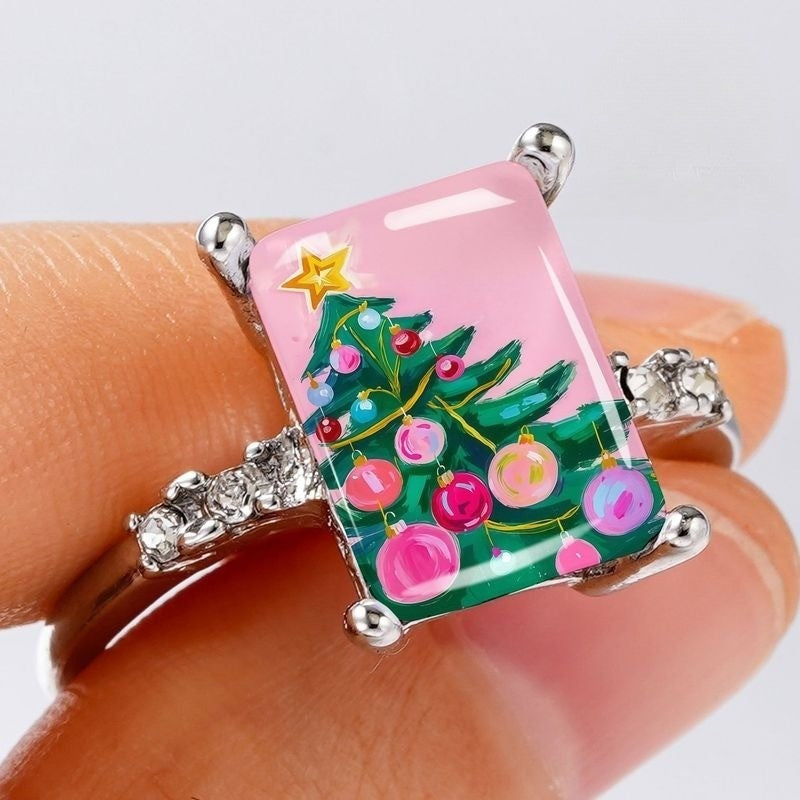Pink Christmas Tree Square Ring