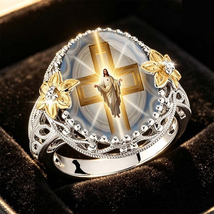Jesus & Floral Cross Statement Ring