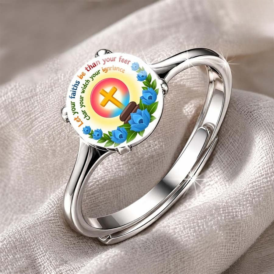 Inspirational Quote & Blue Floral Cross Ring