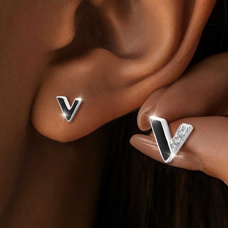 Black Enamel V Stud Earrings