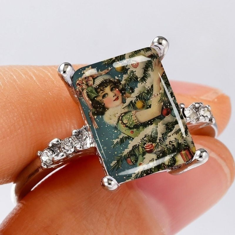 Vintage Girl & Christmas Tree Rectangular Ring