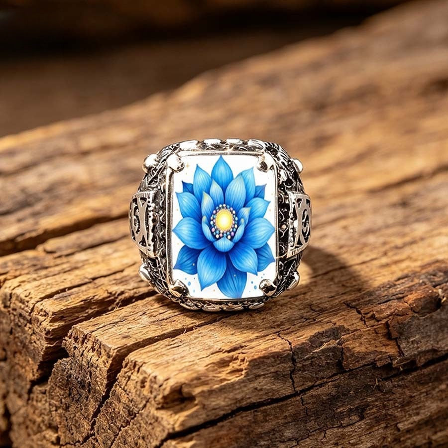 Blue Lotus Glass Square Ring