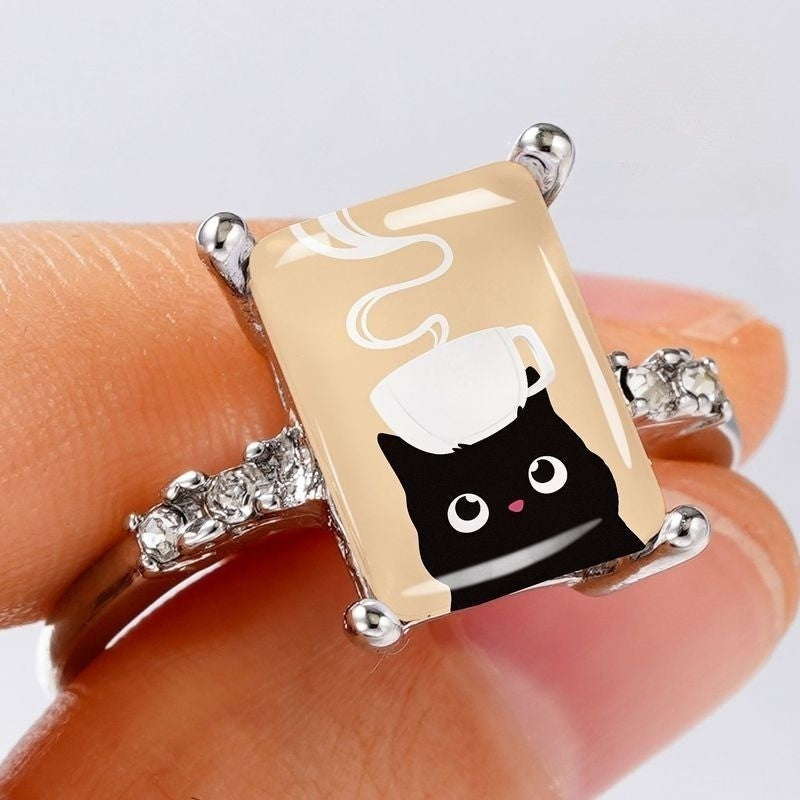 Black Cat Coffee Cup Square Ring