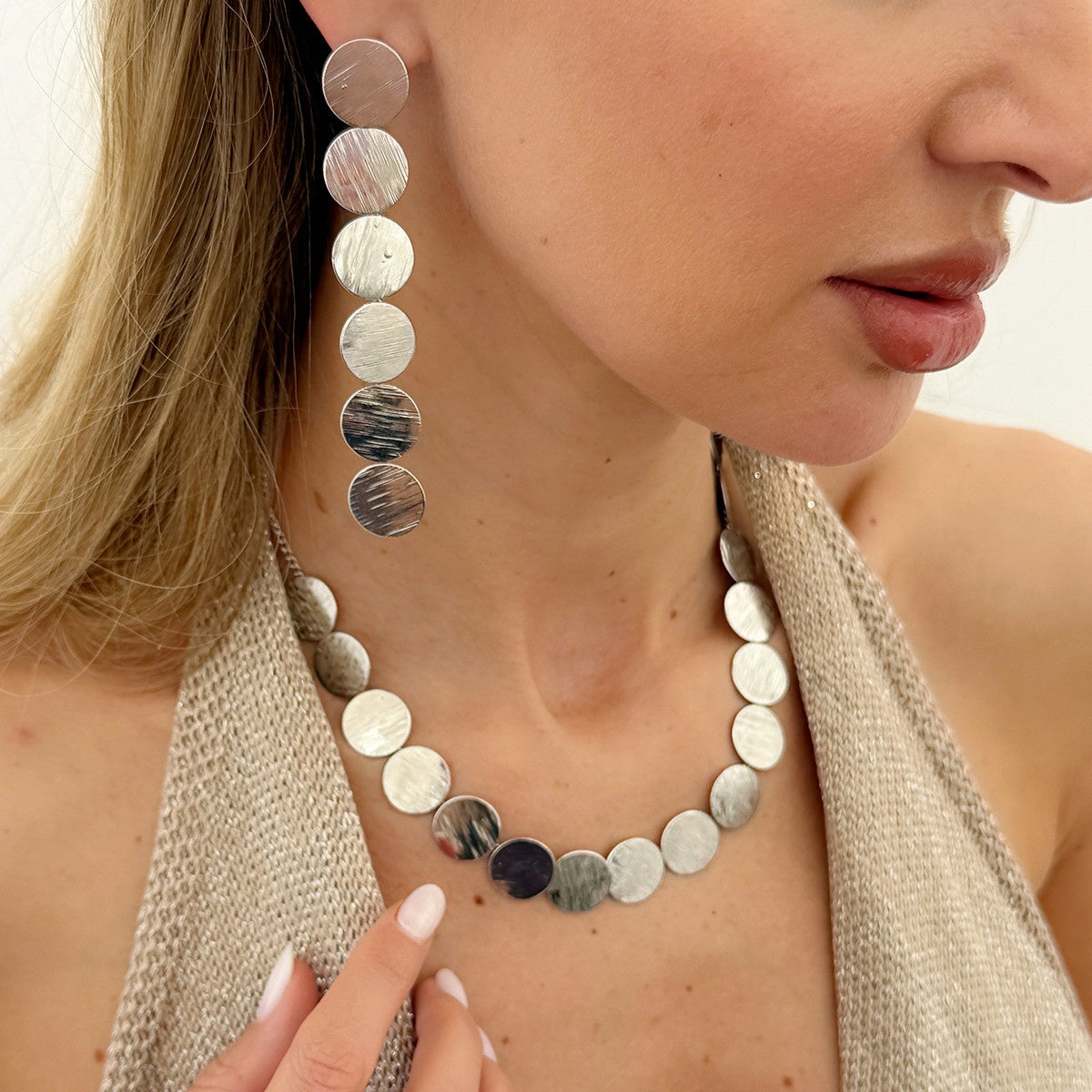 Brushed Disc Y-Necklace & Earring Set