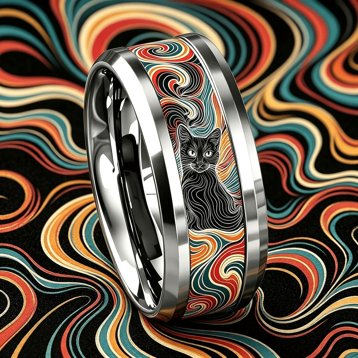 Colorful Swirl Black Cat Ring