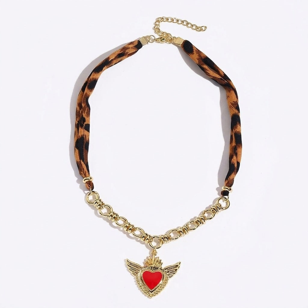 Leopard Print Scarf Heart Necklace