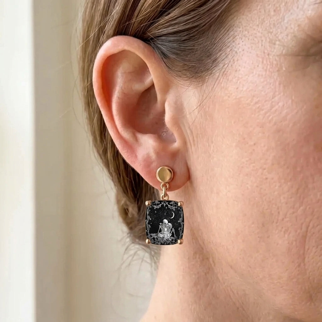 Starry Night Couple Skeleton Square Earrings