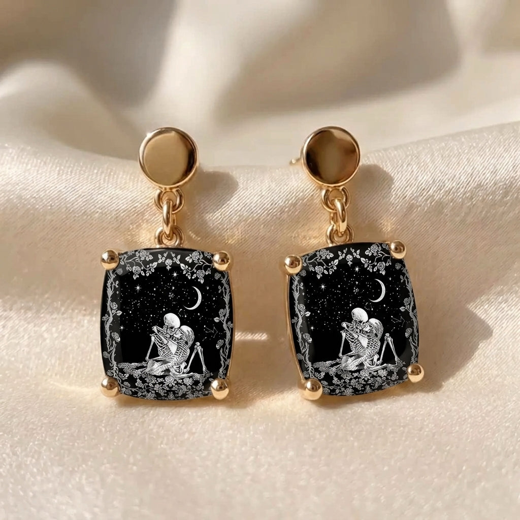 Starry Night Couple Skeleton Square Earrings
