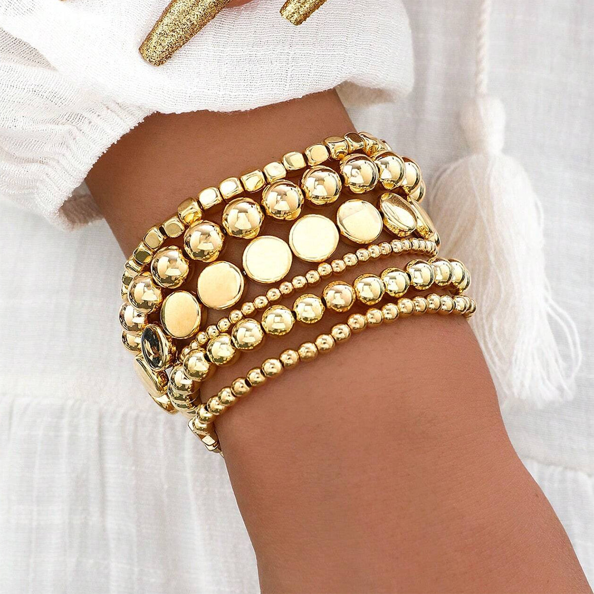 7pc Gold Stretch Bead Bracelet Stack