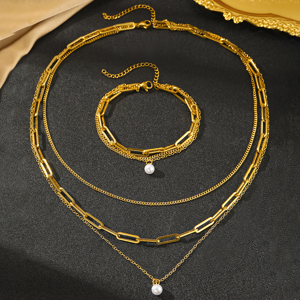 Chunky Link & Pearl Pendant Jewelry Set