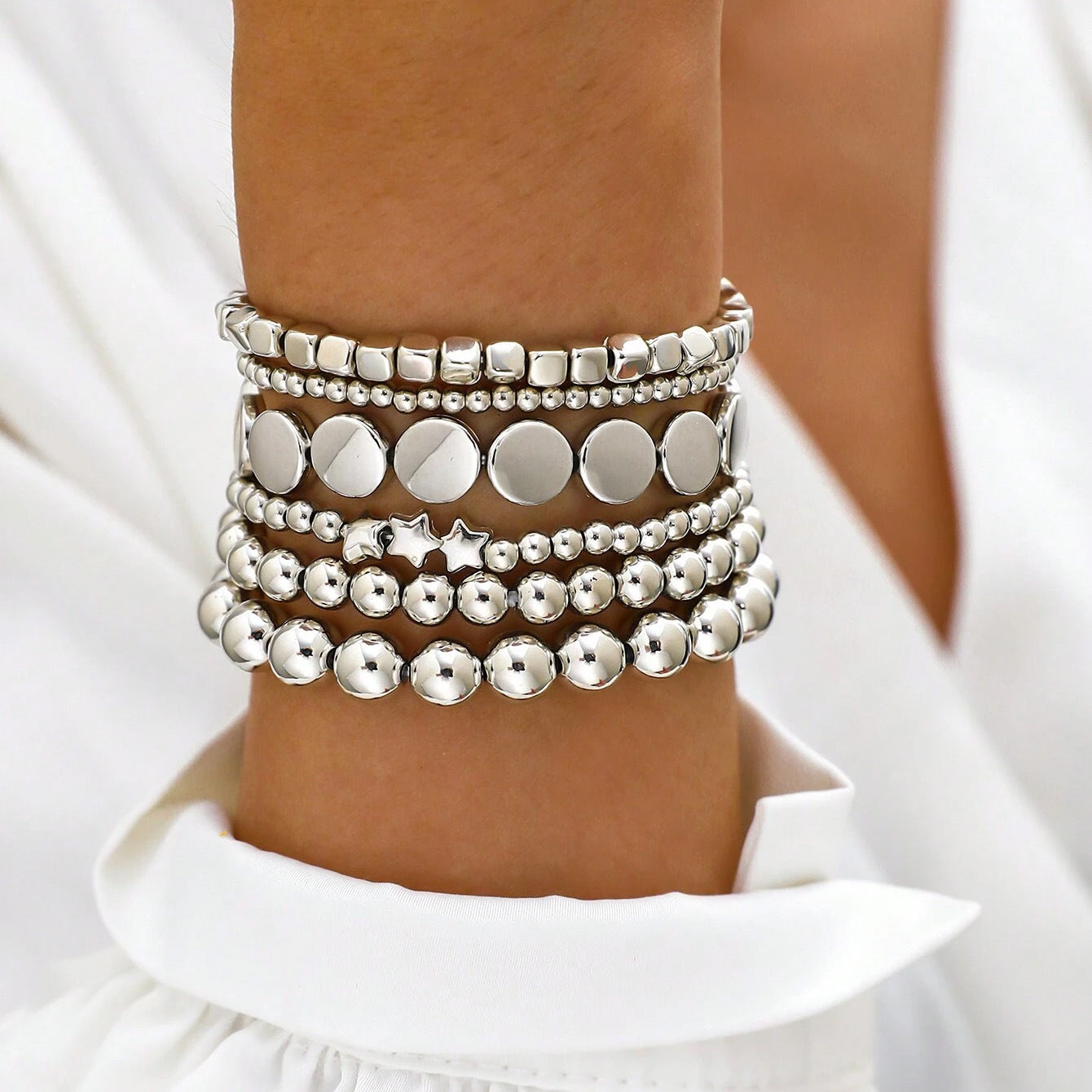 7pc Gold Stretch Bead Bracelet Stack