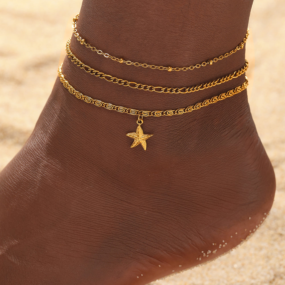 3pc Starfish Charm Anklet Set