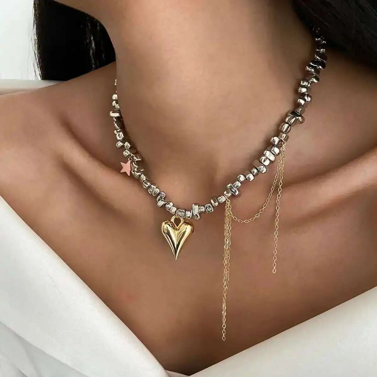 Vintage Beaded Heart Pendant Choker