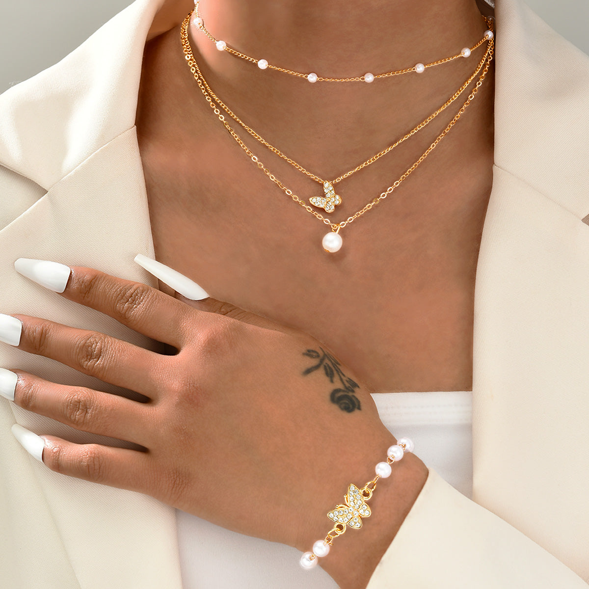 2pc Pearl Butterfly Bracelet & Necklace Set
