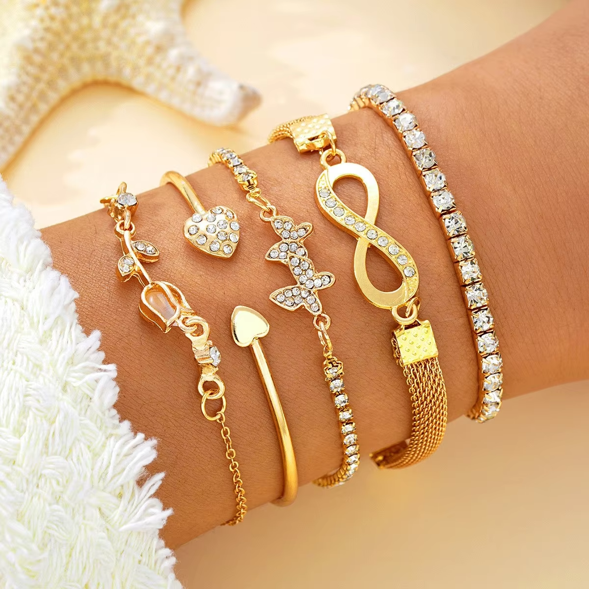 6pc Crystal Heart & Infinity Bracelet Stack