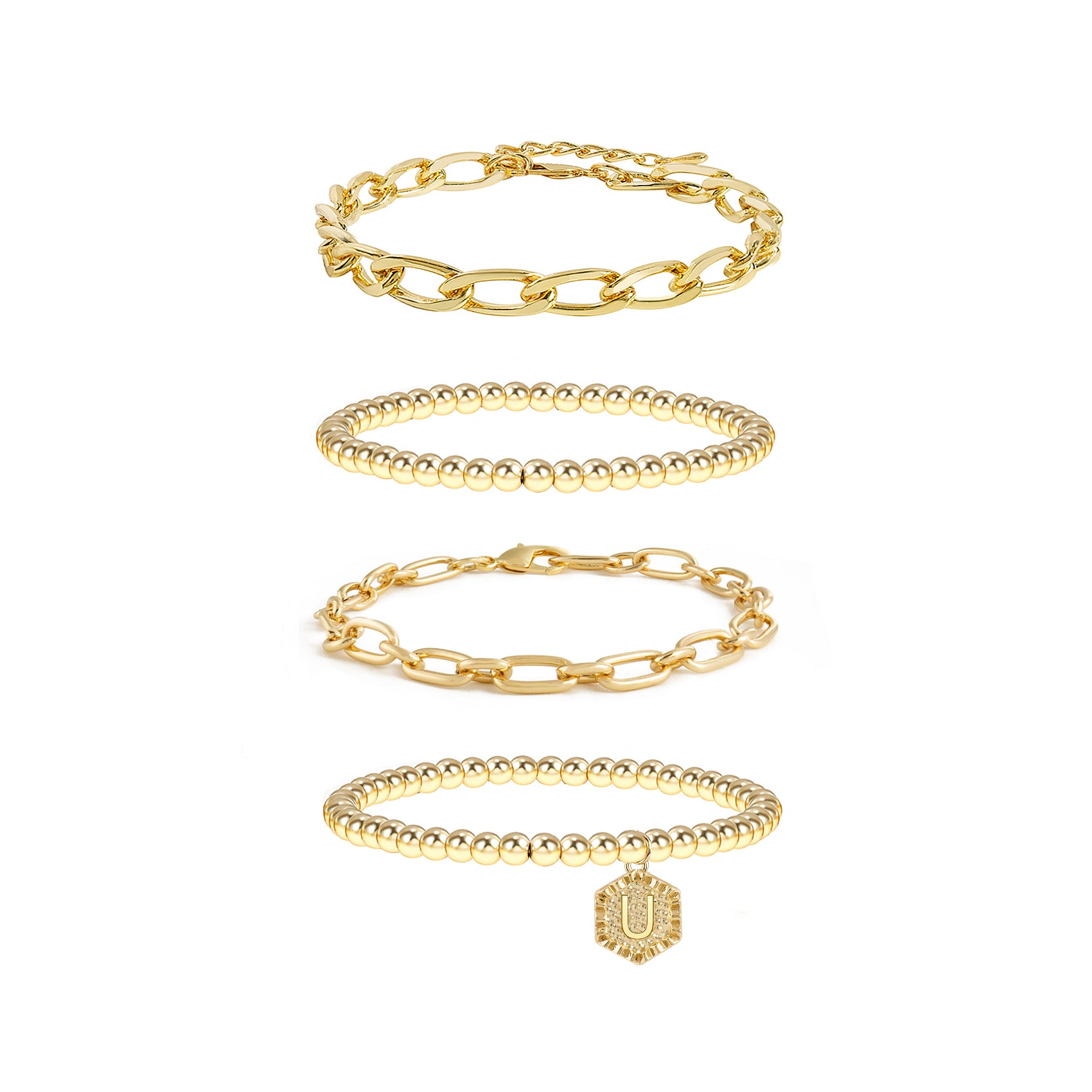 5pc Gold Beaded Chain Bracelet Set with Initial Charm