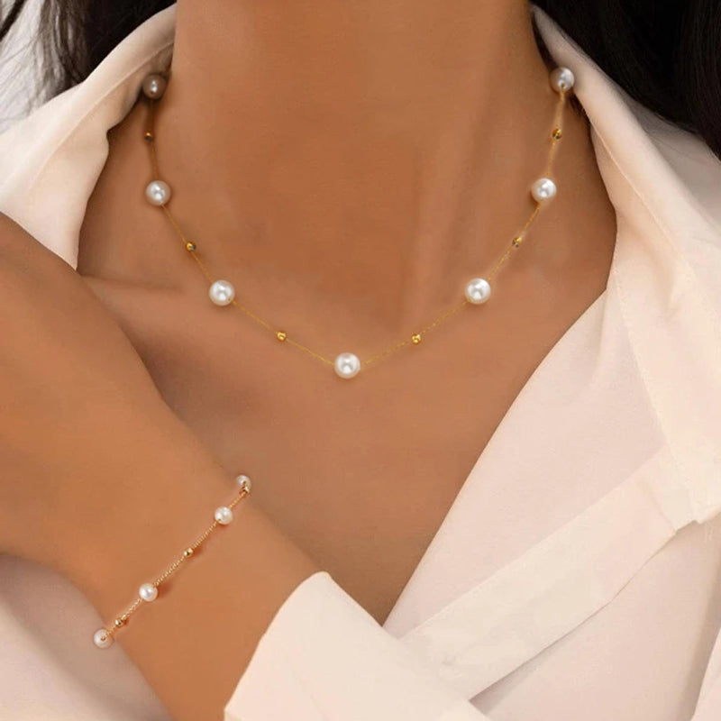2pc Gold Beaded Pearl Necklace & Bracelet Set