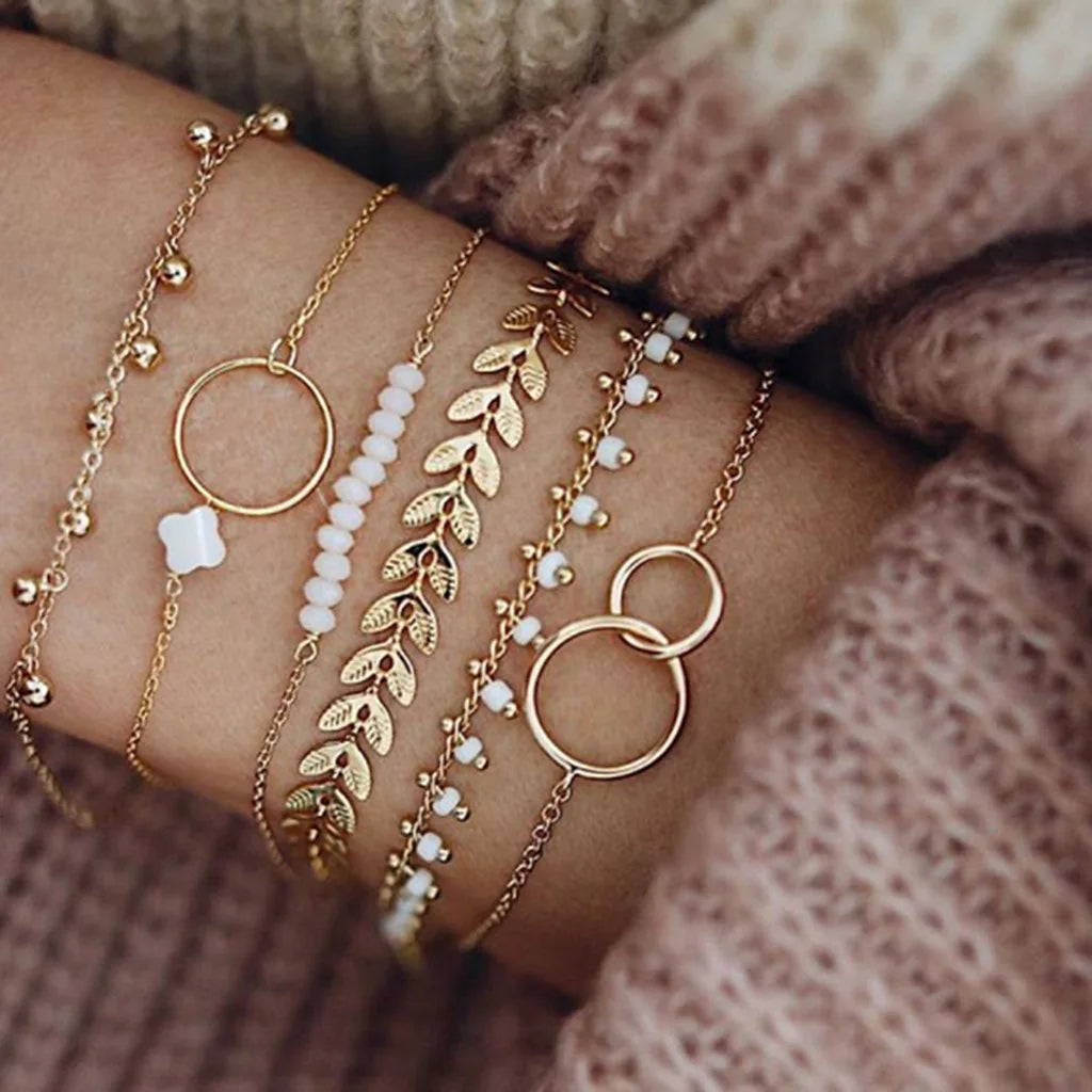 6pc Boho Gold Chain & Bead Bracelet Set