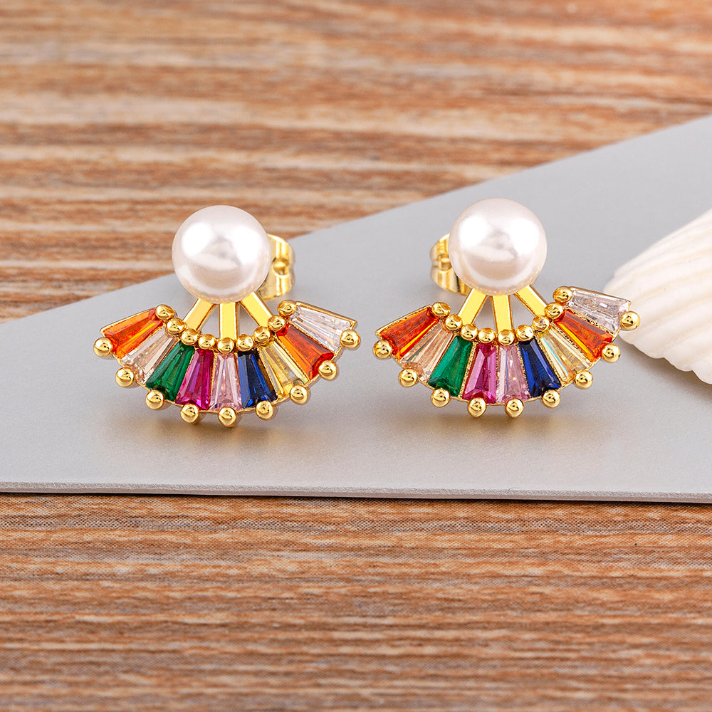 Rainbow Gem Pearl Drop Earrings