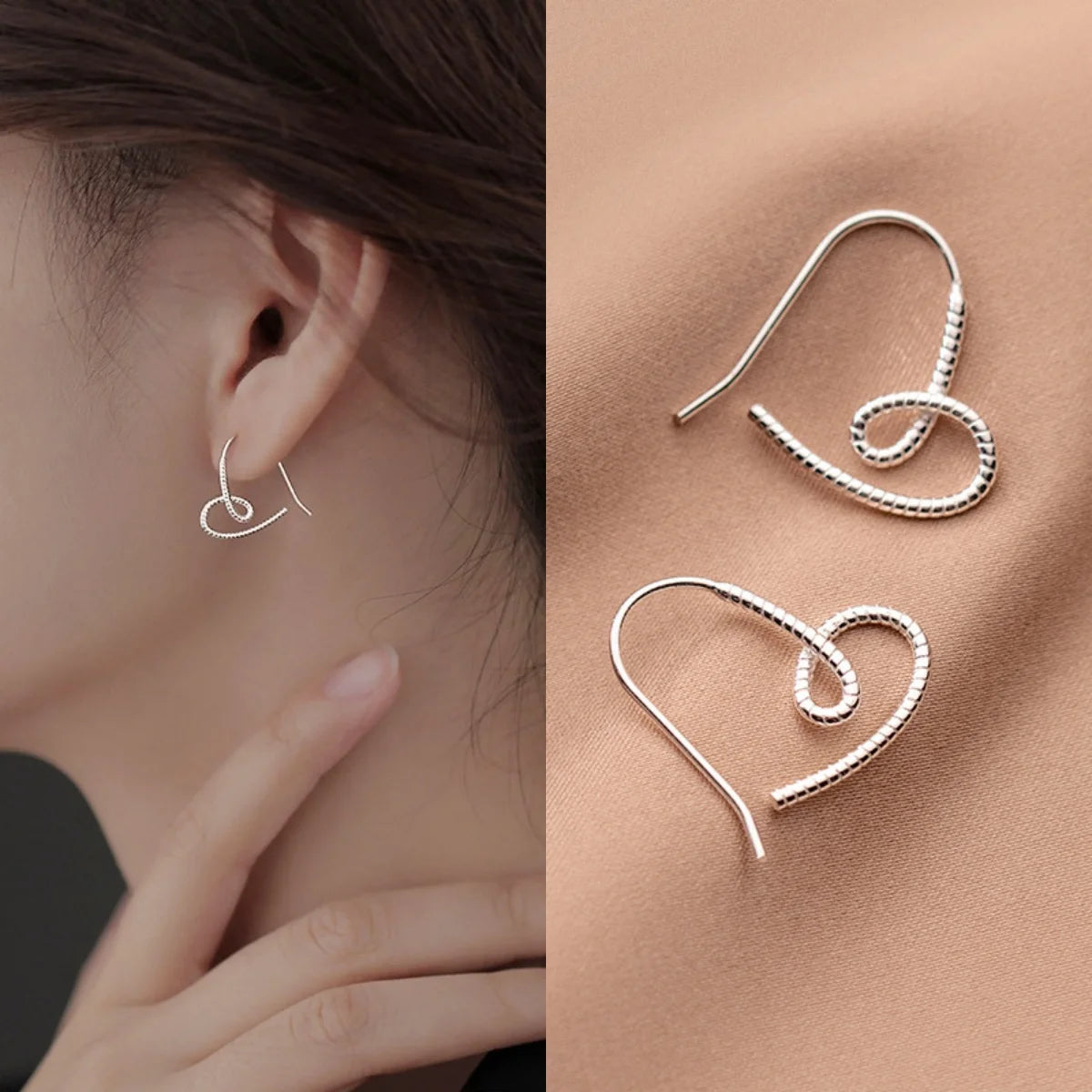 925 Silver Textured Heart Hook Earrings