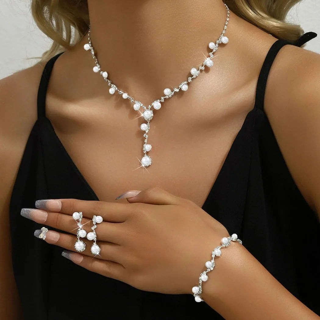 4pc Pearl Rhinestone Bridal Jewelry Set