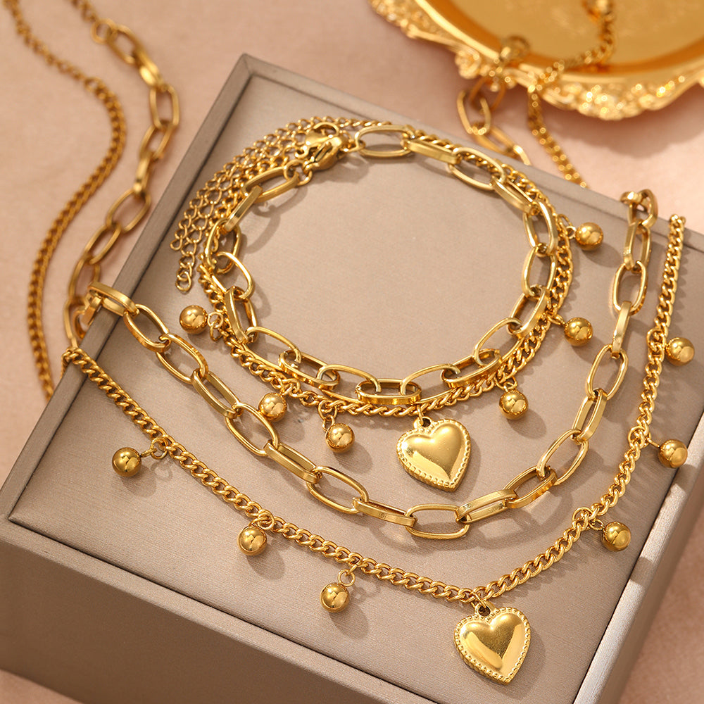 Stainless Steel Heart Bead Necklace & Bracelet Set