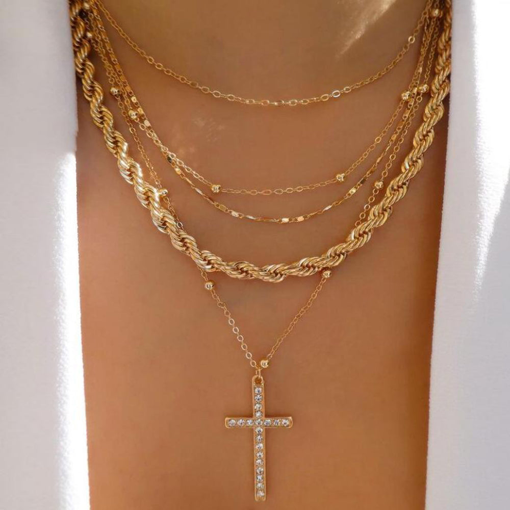 Layered Gold Rope Cross Necklace Set