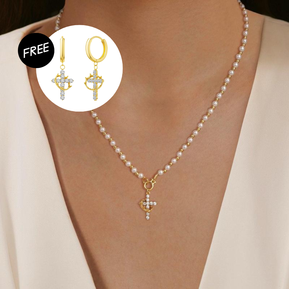 Pearl Beaded Crown Cross Necklace