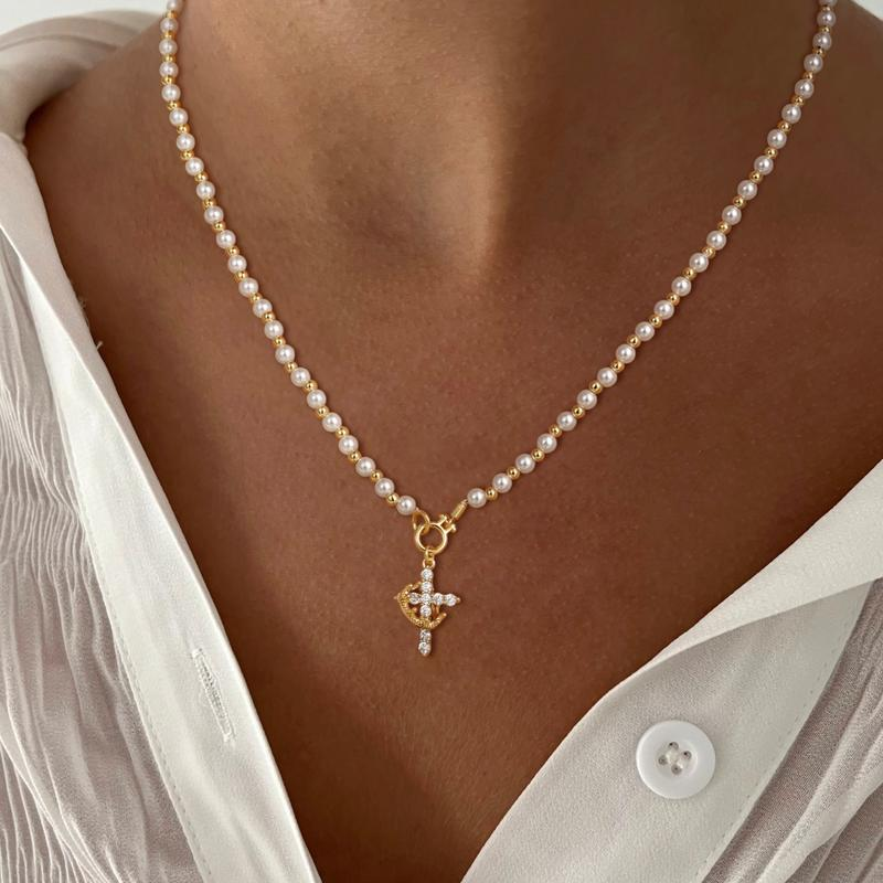Pearl Beaded Crown Cross Necklace