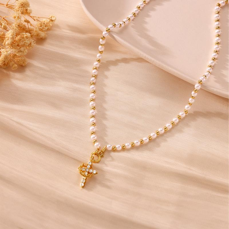 Pearl Beaded Crown Cross Necklace