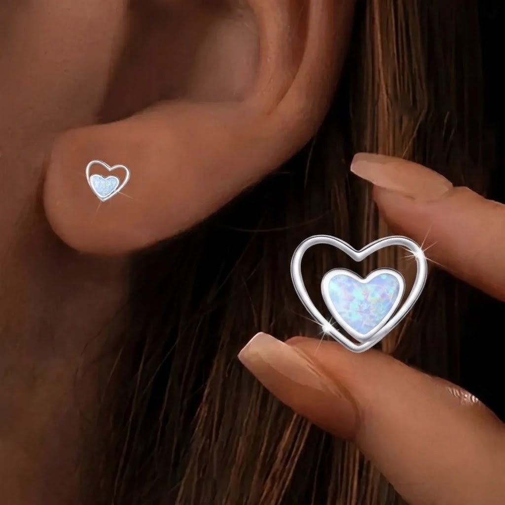 Double Heart Opal Stud Earrings