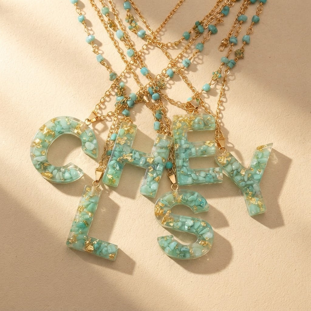 Green Gold Flake Initial Necklace