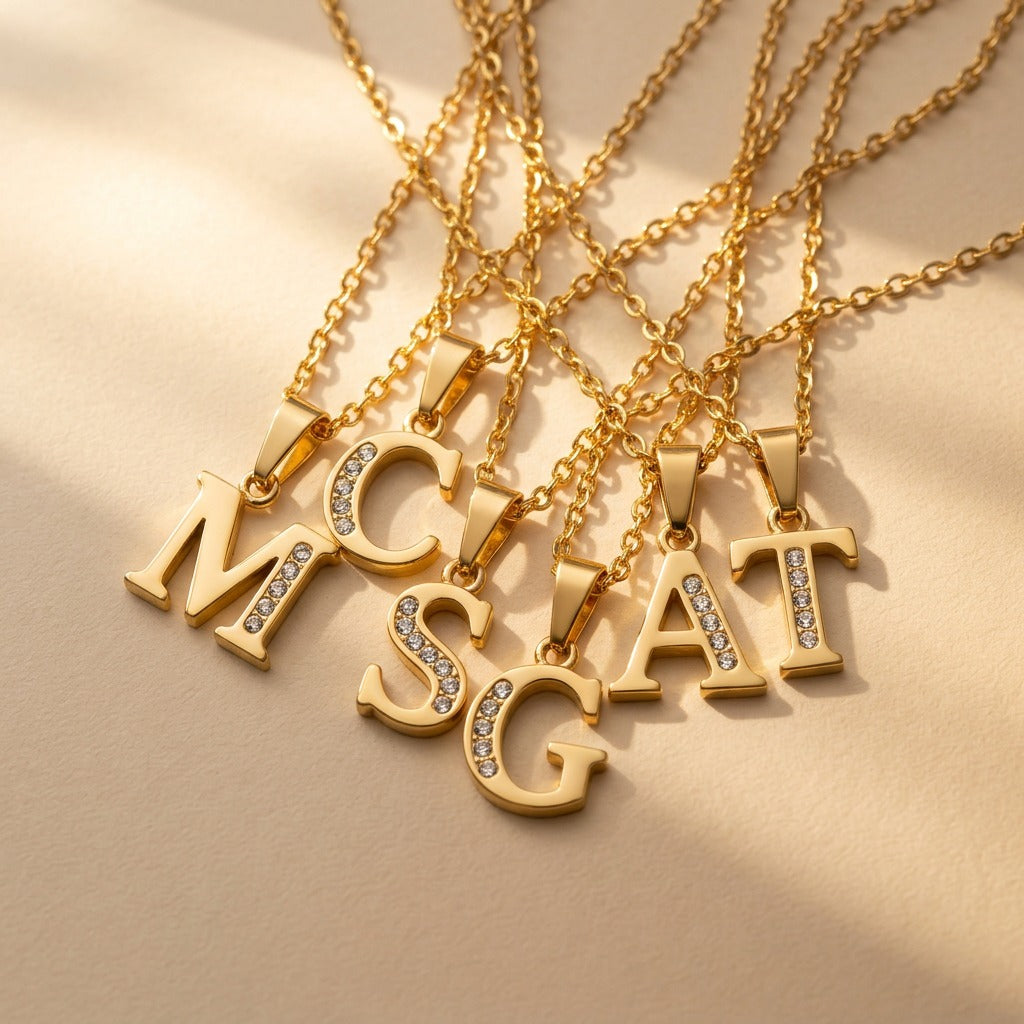 Gold Crystal Initial Letter Necklace